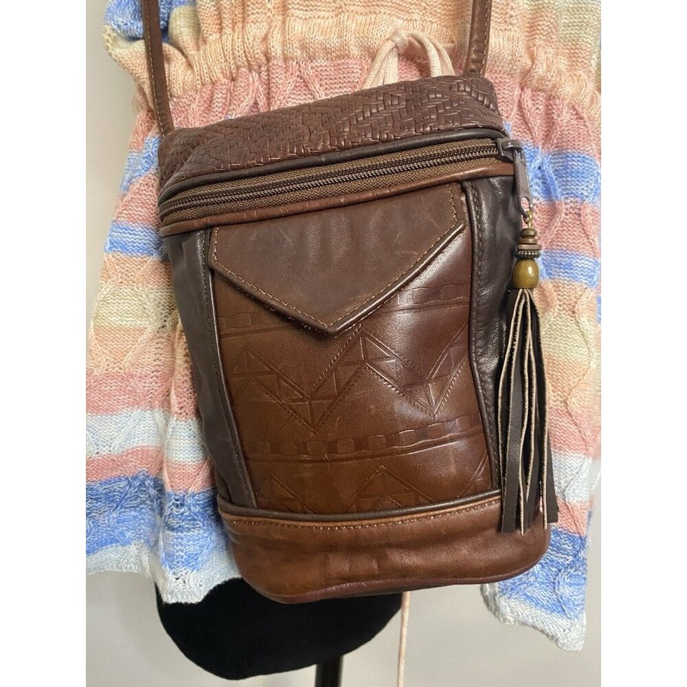 Vintage Brown Tooled Leather Cross Body Purse Handbag Shoulder Bag Tassel 9"x6" - Picture 3 of 16
